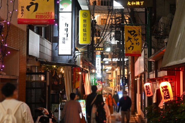 大和駅周辺の大和横丁に並ぶ居酒屋